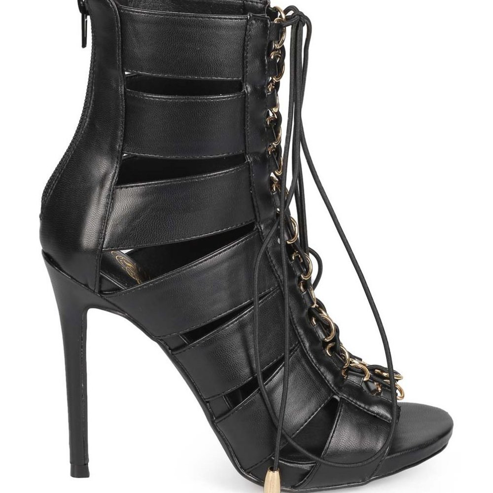 Misbehave Open Toe Lace Up Cutout High Heel Vegan Leather Grommet Tie Up Boots